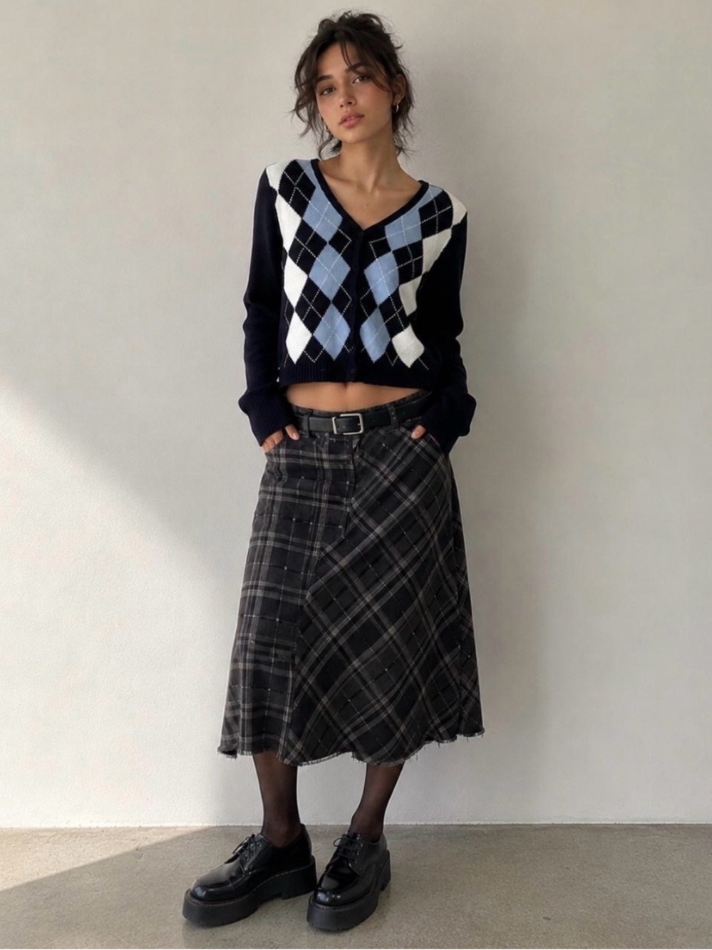 Brandy Melville Black, Light Blue & White Argyle V-Neck Cardigan